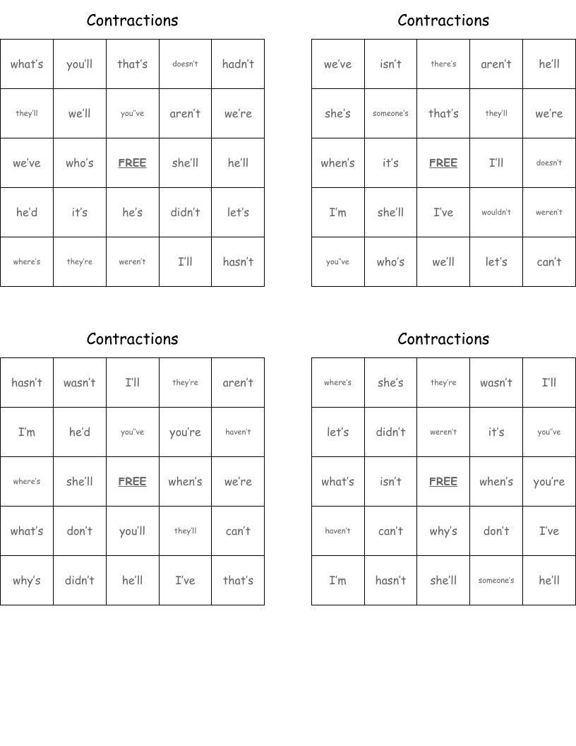 Contractions Bingo Cards