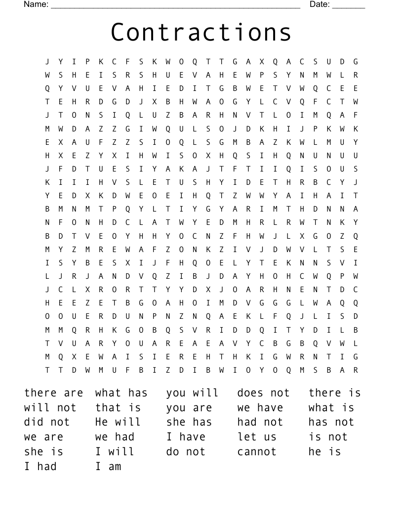 Contractions  Word Search