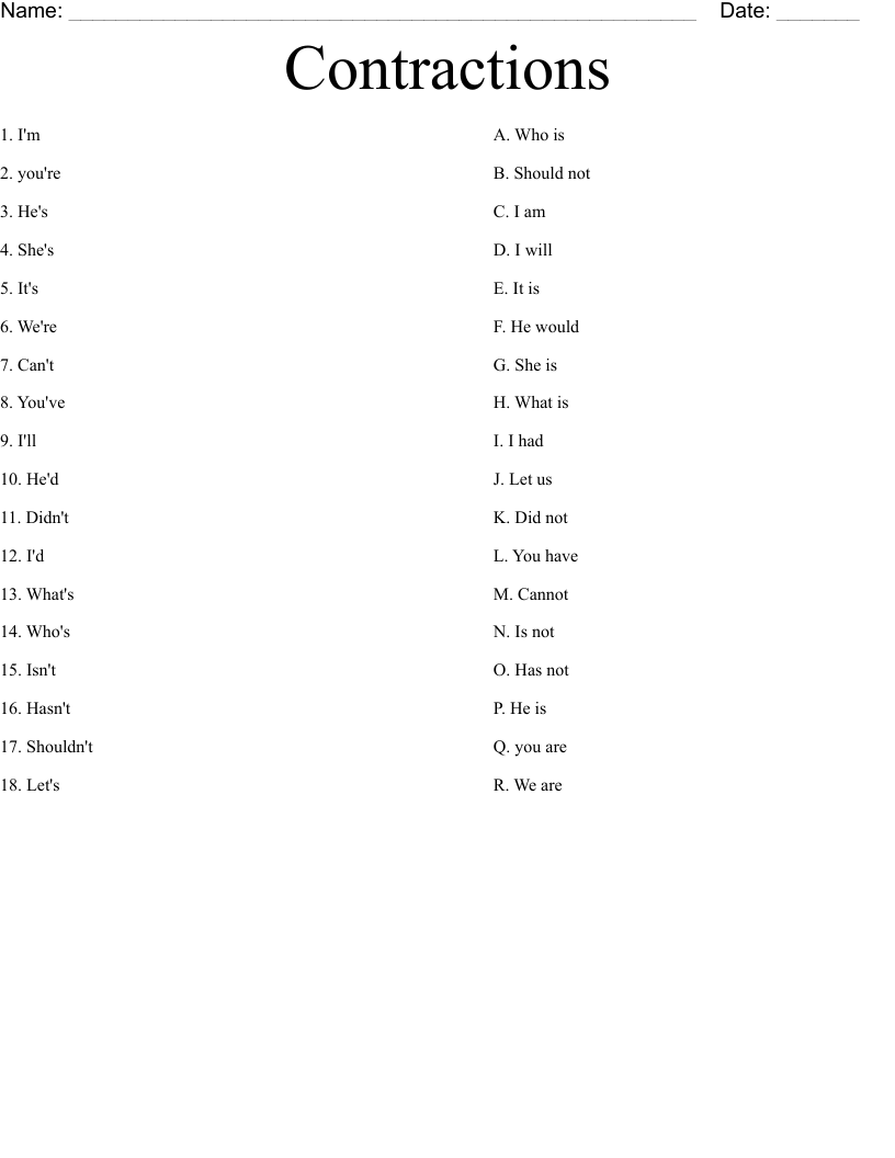 Contractions  Worksheet