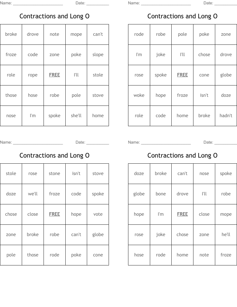 Contractions and Long O Bingo Cards