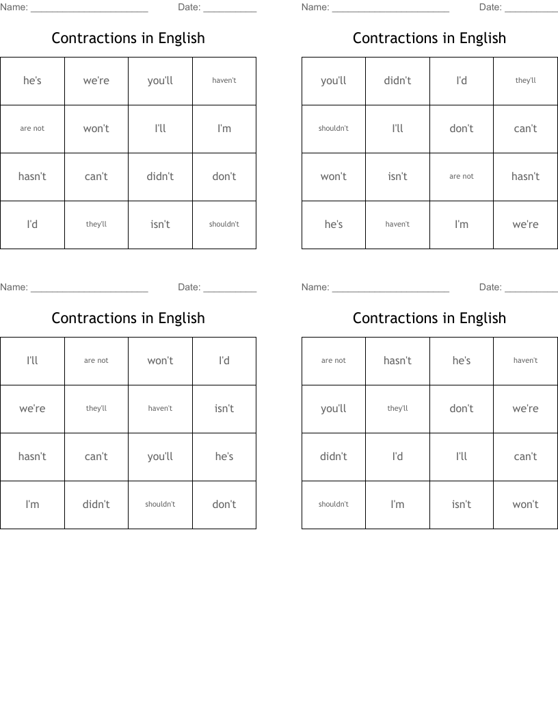 Contractions in English Bingo Cards