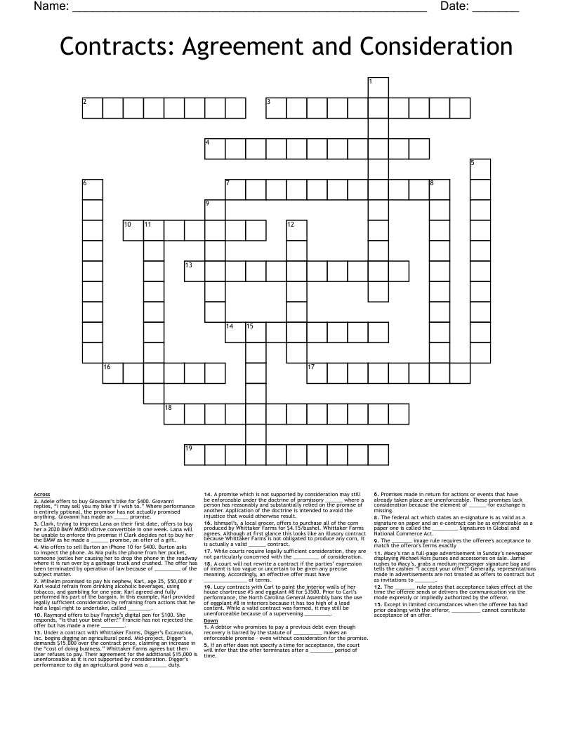 Contracts: Agreement and Consideration Crossword
