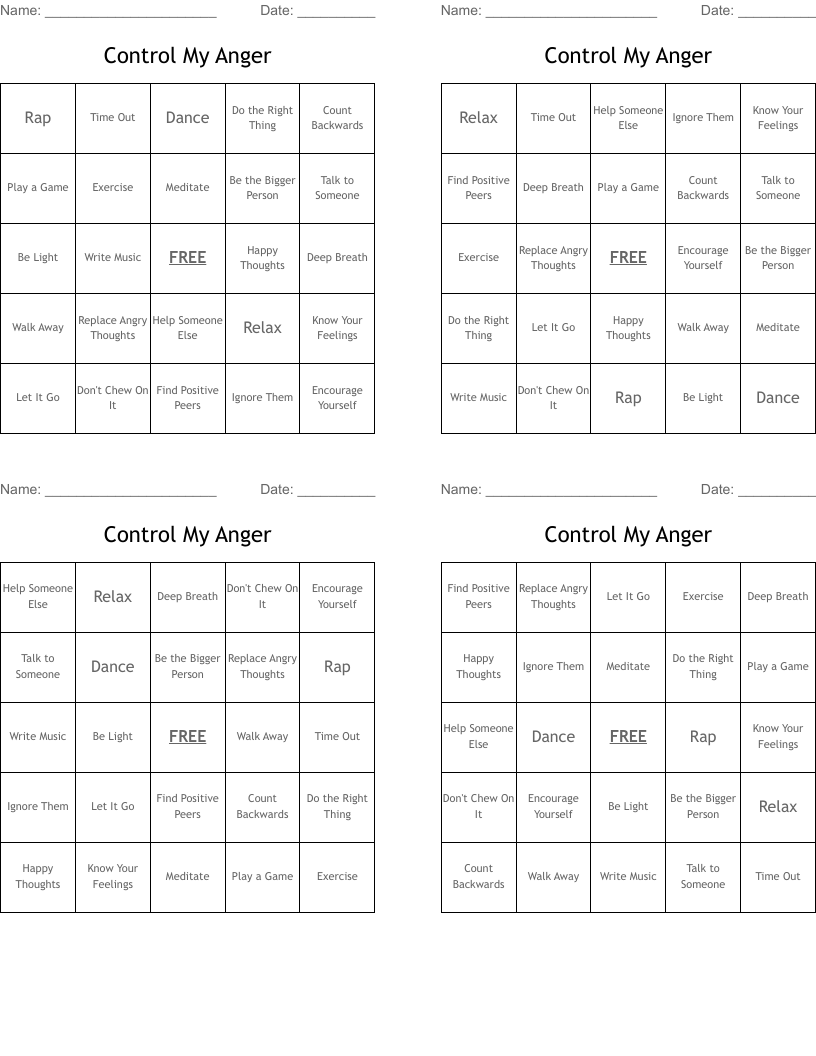 Control My Anger Bingo Cards