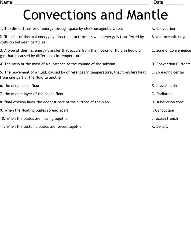 Convections and Mantle Worksheet
