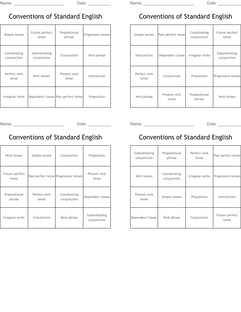 Conventions of Standard English  Bingo Cards