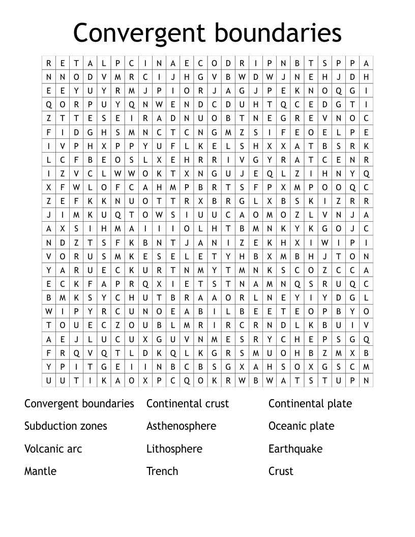Convergent boundaries Word Search