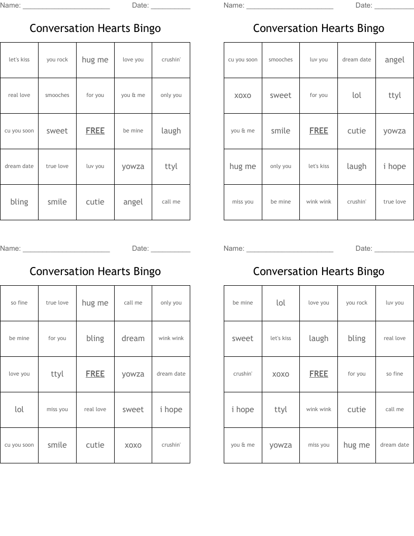 Conversation Hearts Bingo