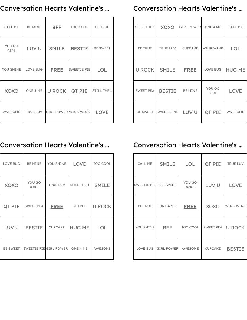 Conversation Hearts Valentine's Day BINGO