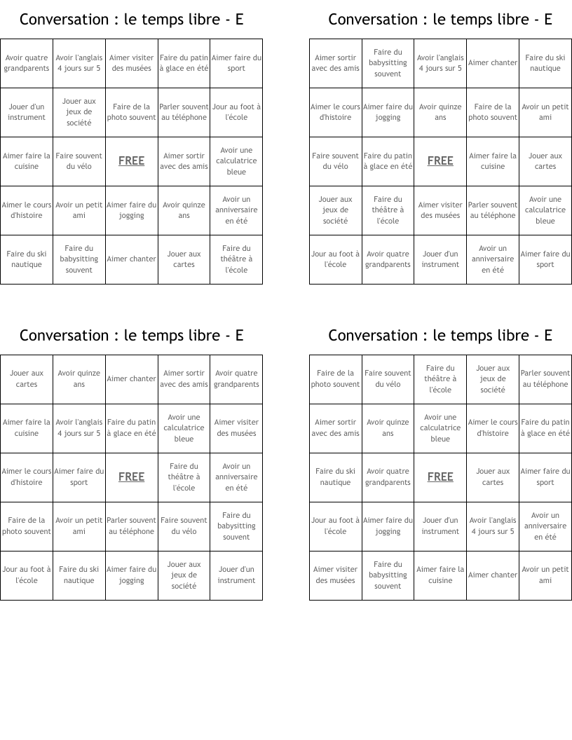 Conversation  : le temps libre - E Bingo Cards