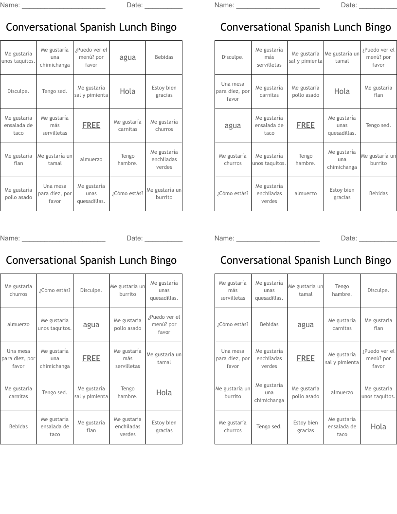 Conversational Spanish Lunch Bingo