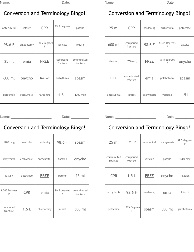 Conversion and Terminology Bingo!