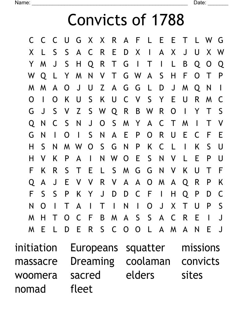 Convicts of 1788 Word Search