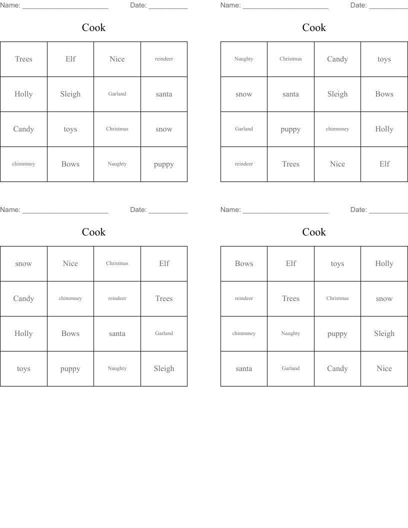 Cook Bingo Cards