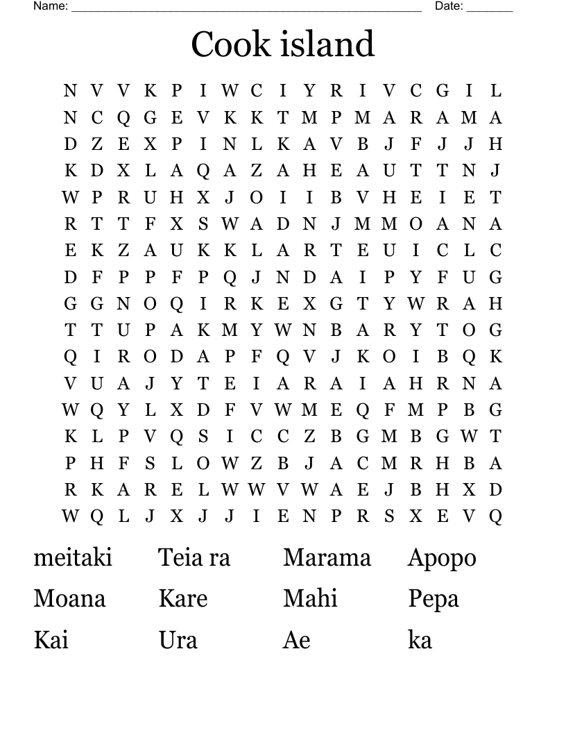 Cook island Word Search