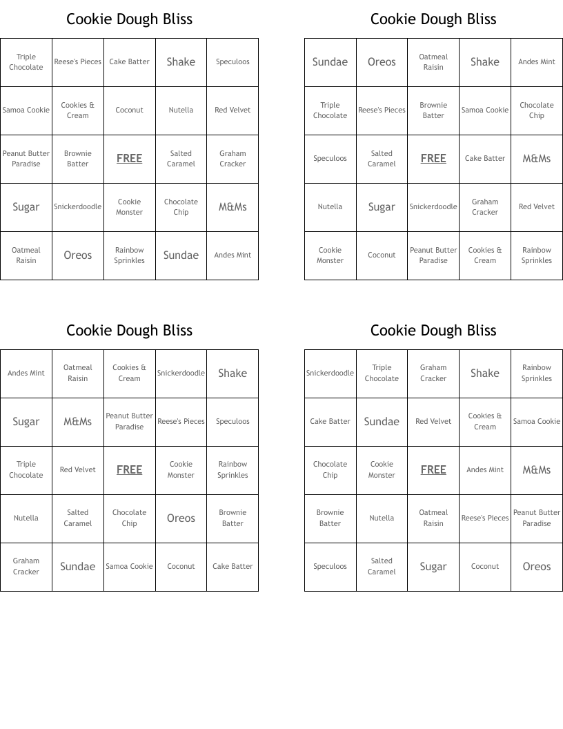 Cookie Dough Bliss Bingo Cards