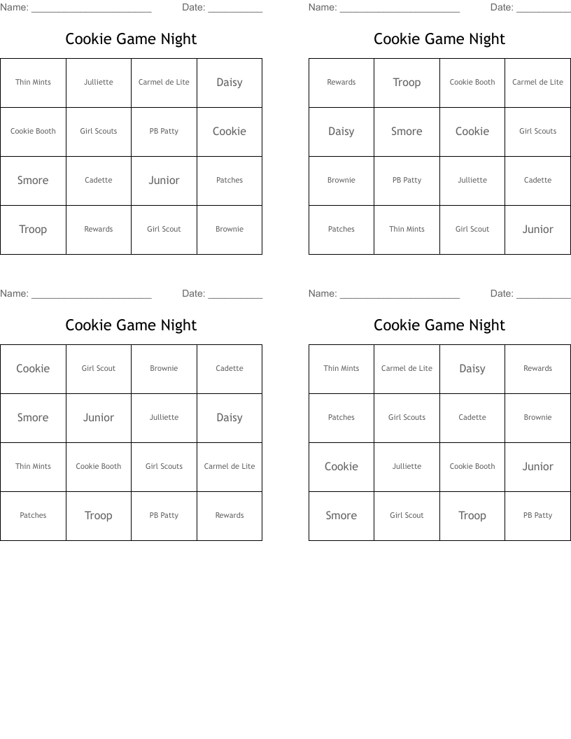 Cookie Game Night Bingo Cards