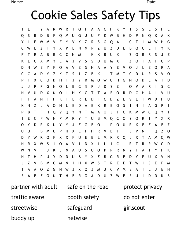Cookie Sales Safety Tips  Word Search