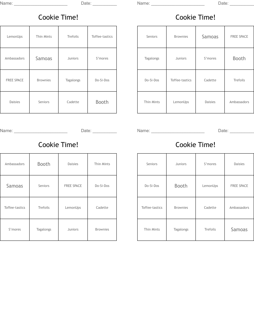 Cookie Time! Bingo Cards