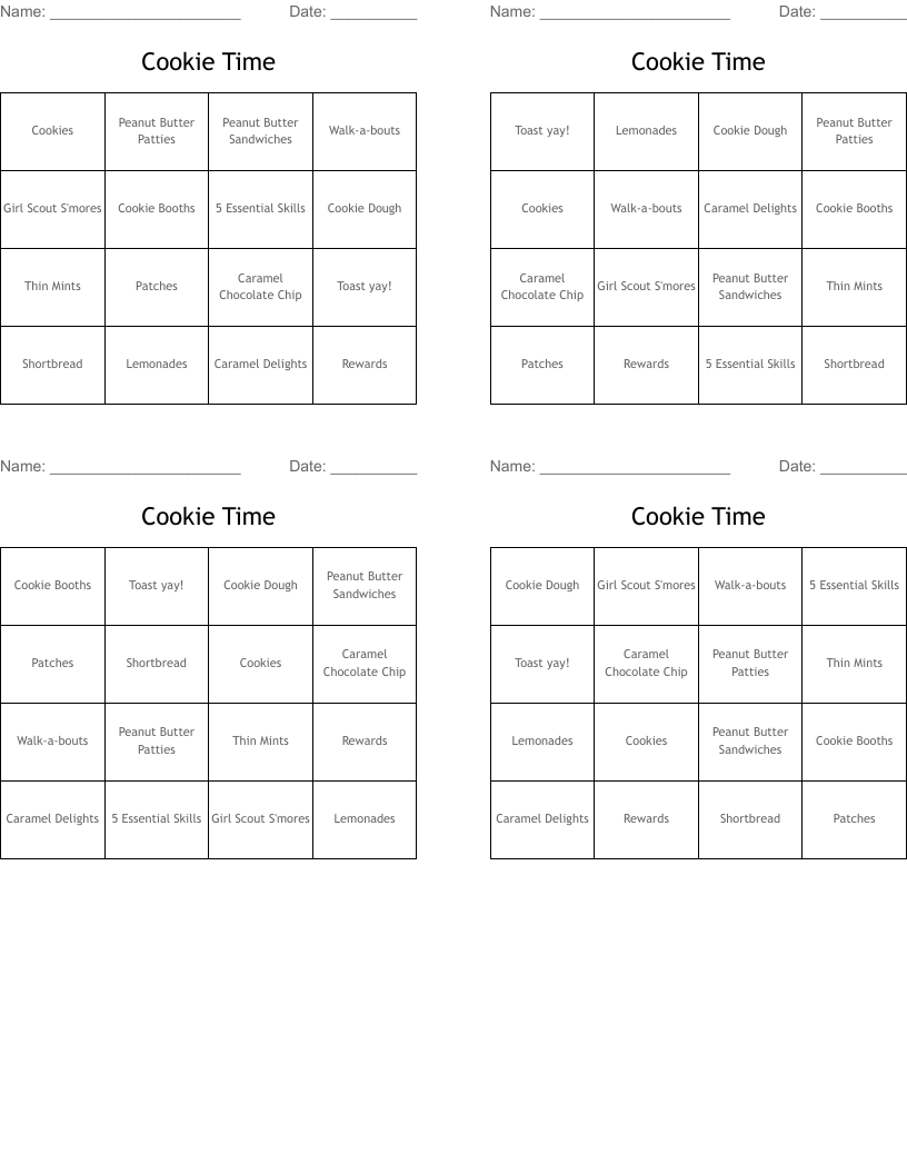 Cookie Time Bingo Cards