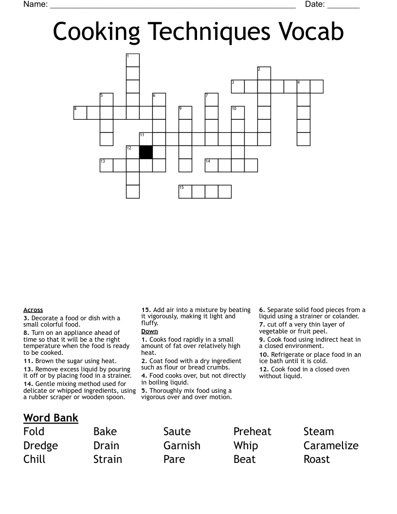 Cooking Techniques  Vocab Crossword