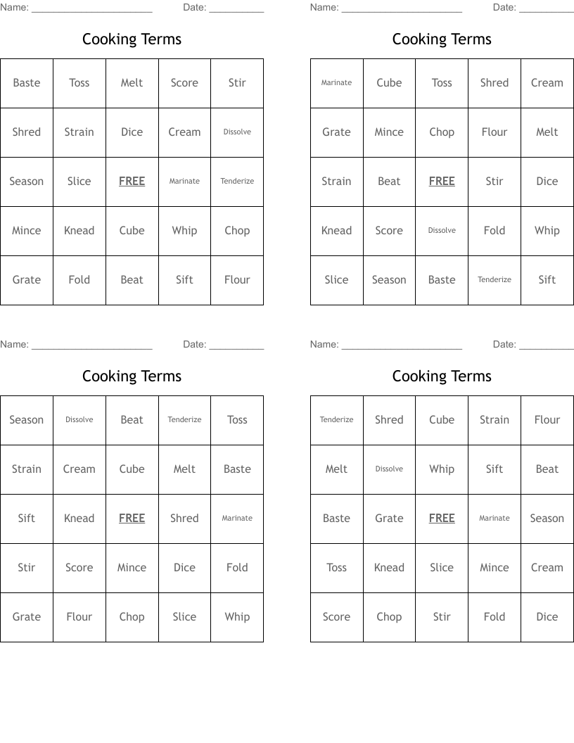 Cooking Terms Bingo Cards