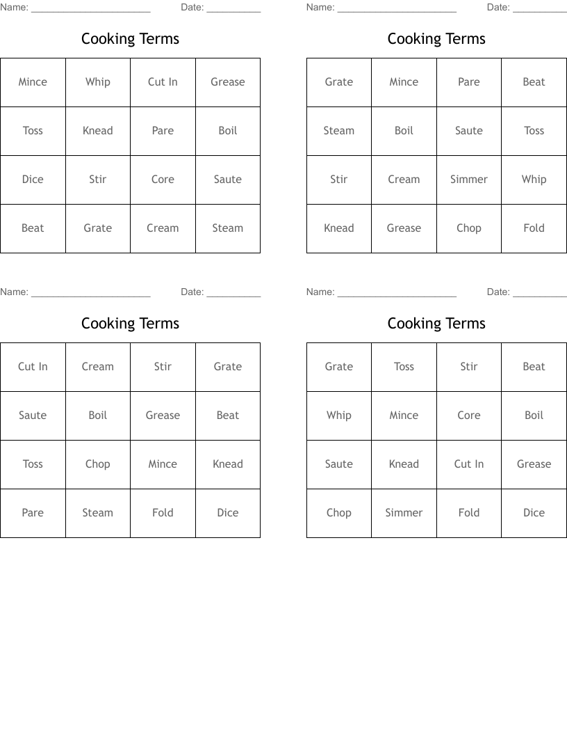Cooking Terms Bingo Cards