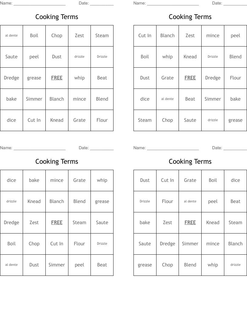 Cooking Terms Bingo Cards