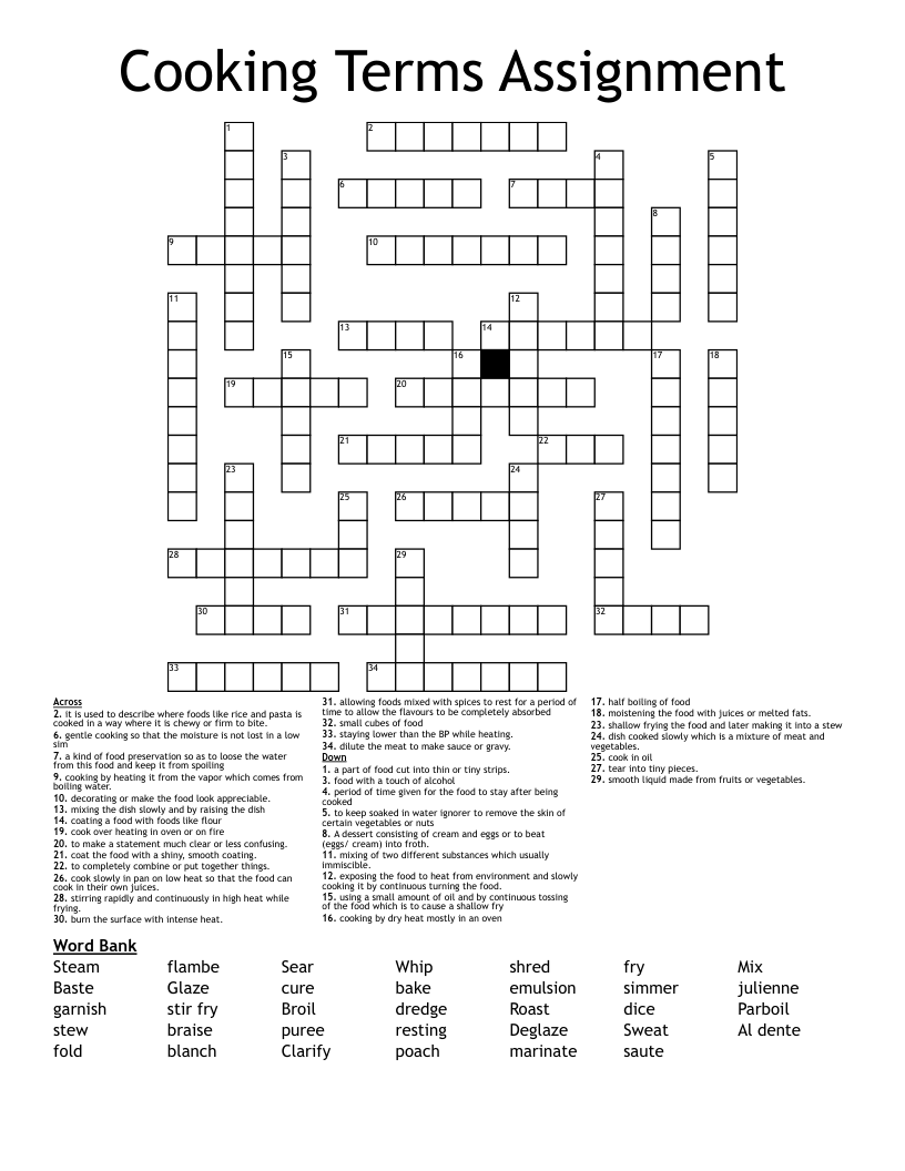 Cooking Terms Assignment  Crossword