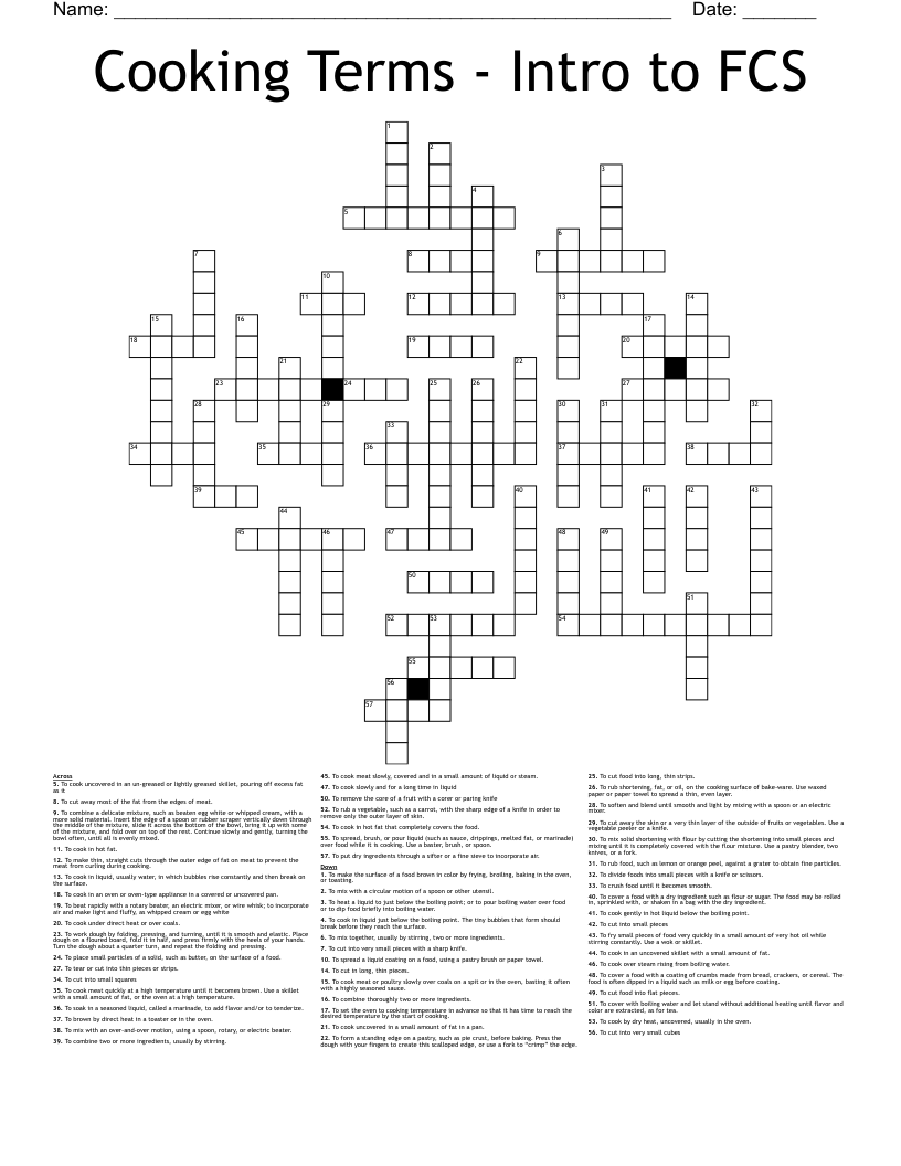 Cooking Terms - Intro to FCS Crossword