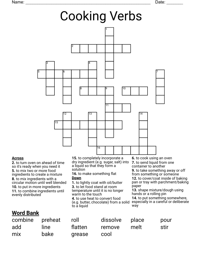 Cooking Verbs Crossword