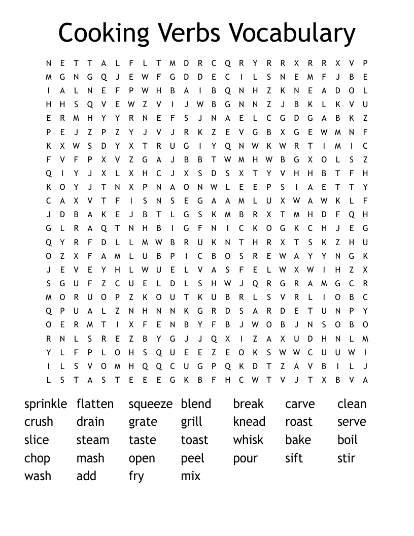 Cooking Verbs Vocabulary Word Search