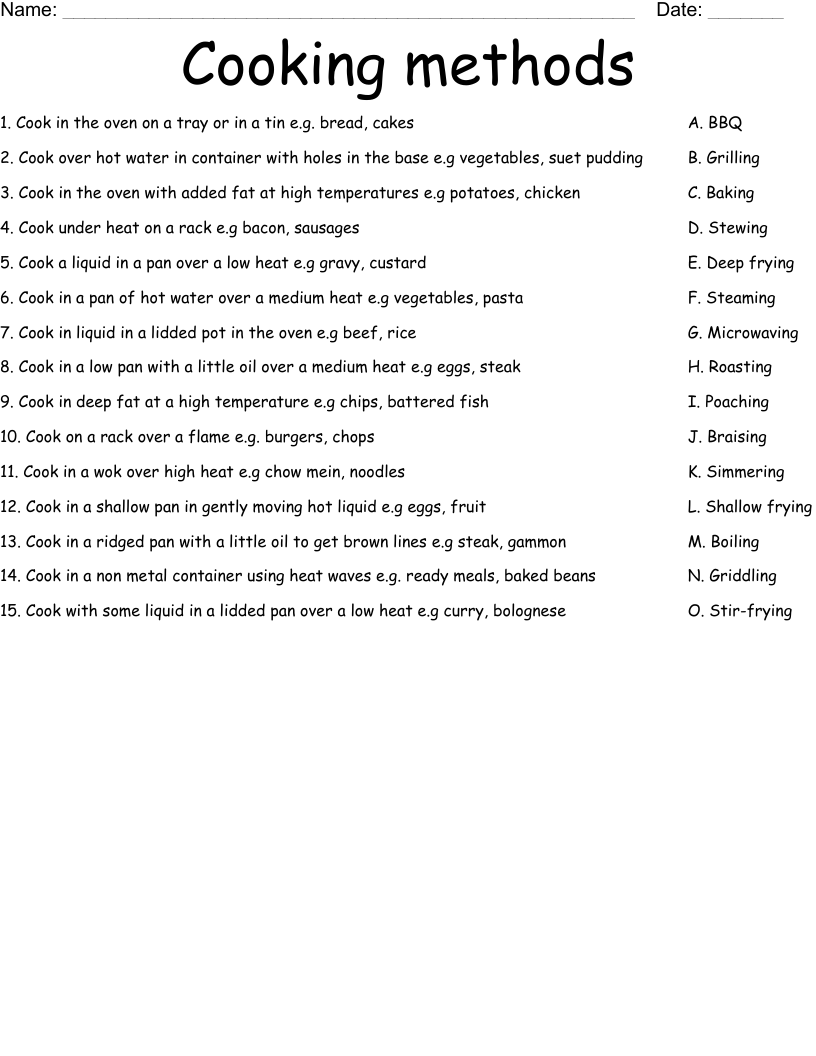 Cooking methods Worksheet