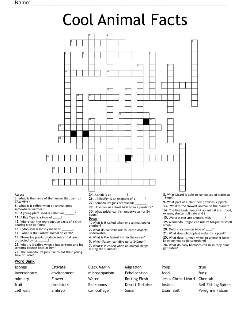 Cool Animal Facts Crossword