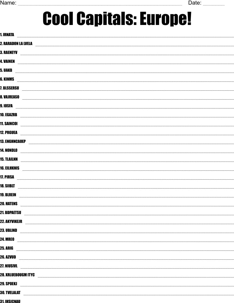 Cool Capitals: Europe! Word Scramble