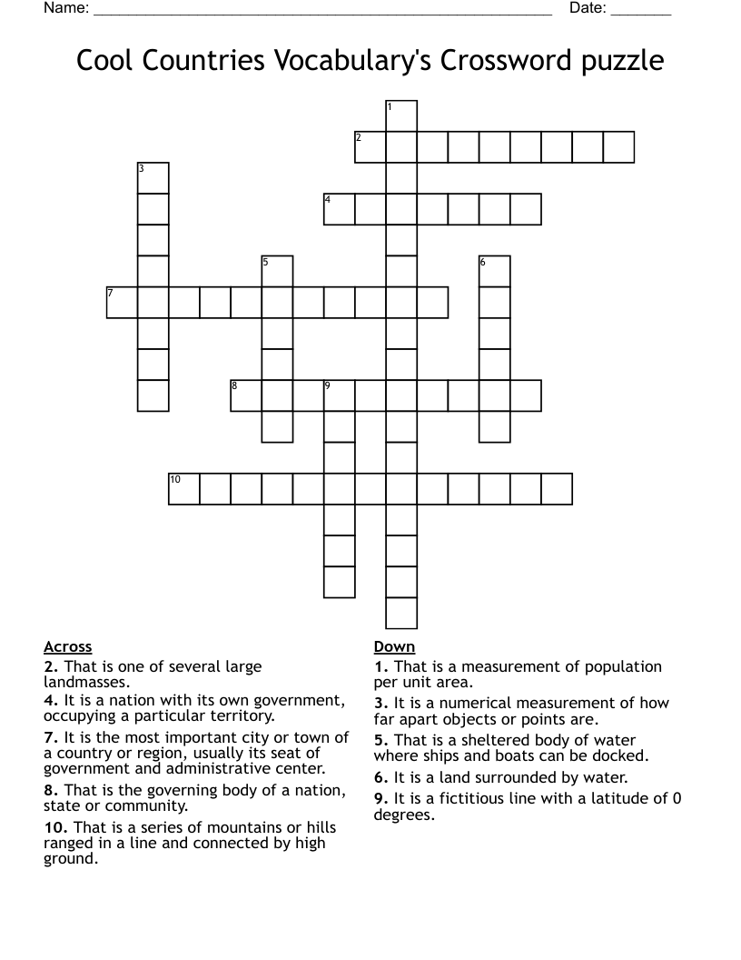 Cool Countries Vocabulary's Crossword puzzle