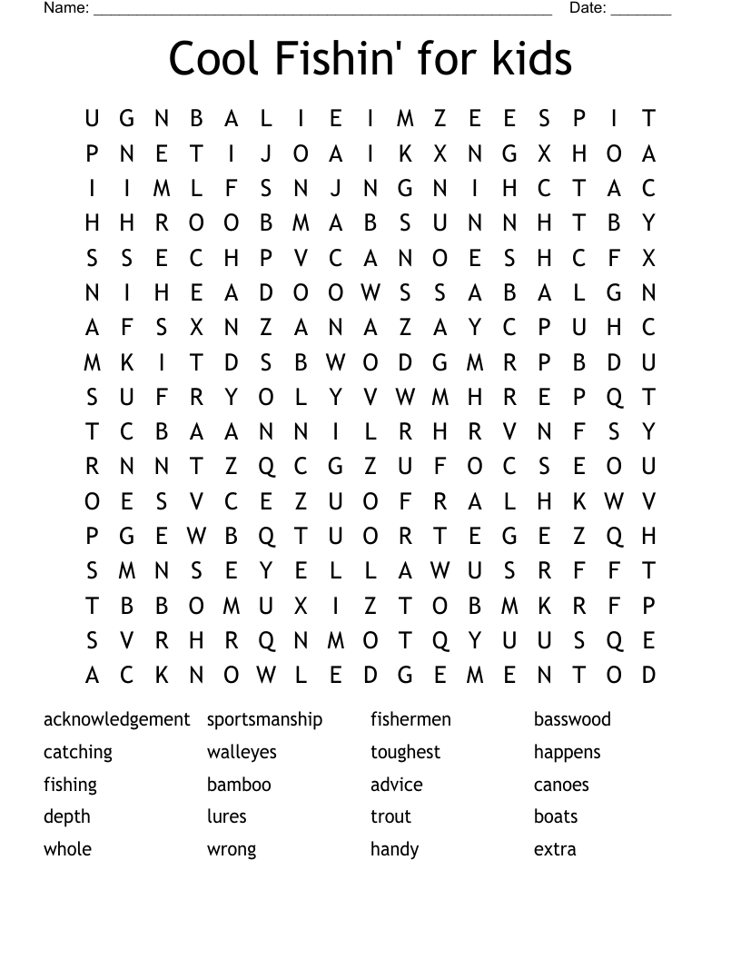 Cool Fishin' for kids Word Search