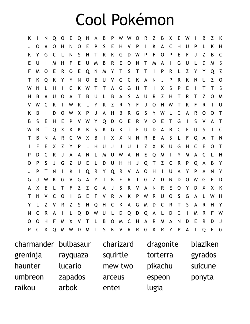 Cool Pokémon  Word Search