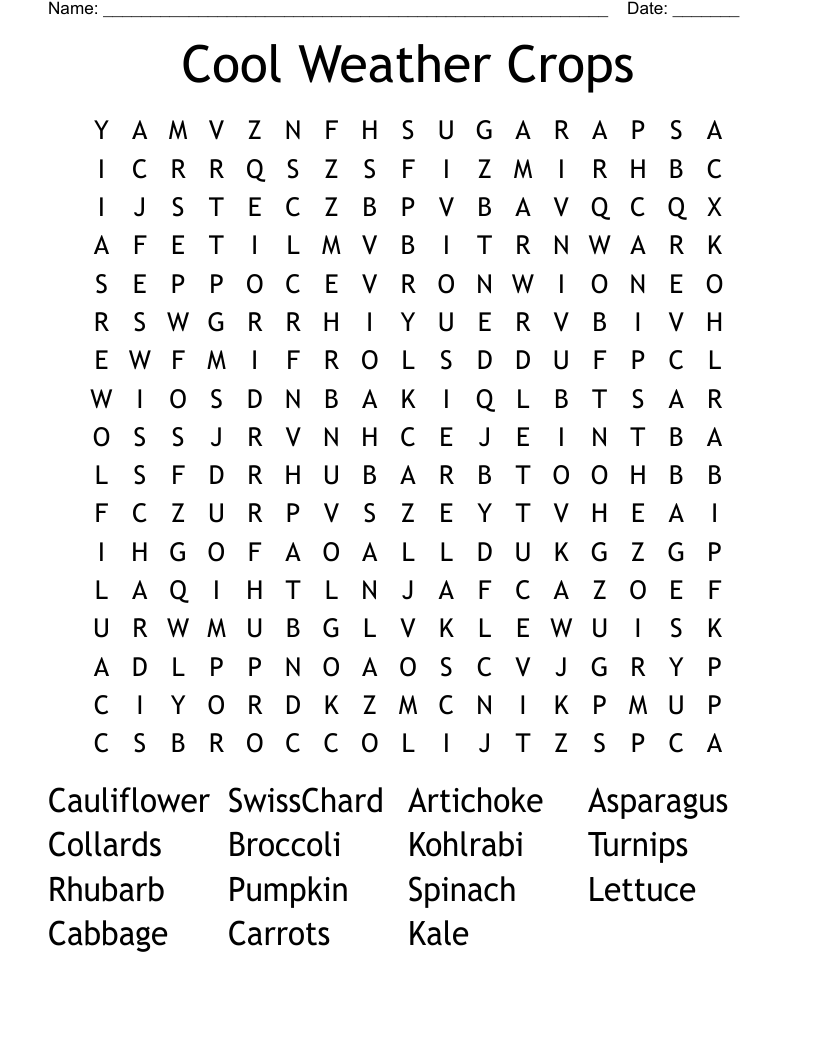 Cool Weather Crops  Word Search