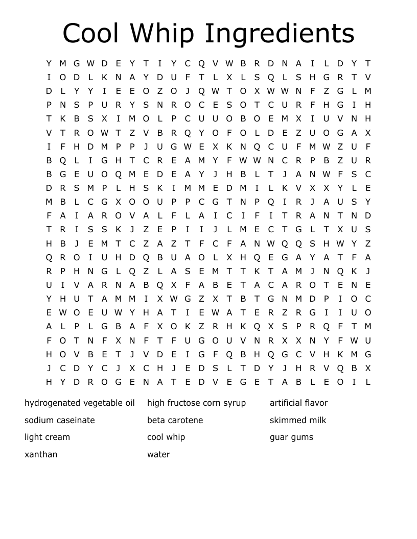 Cool Whip Ingredients Word Search