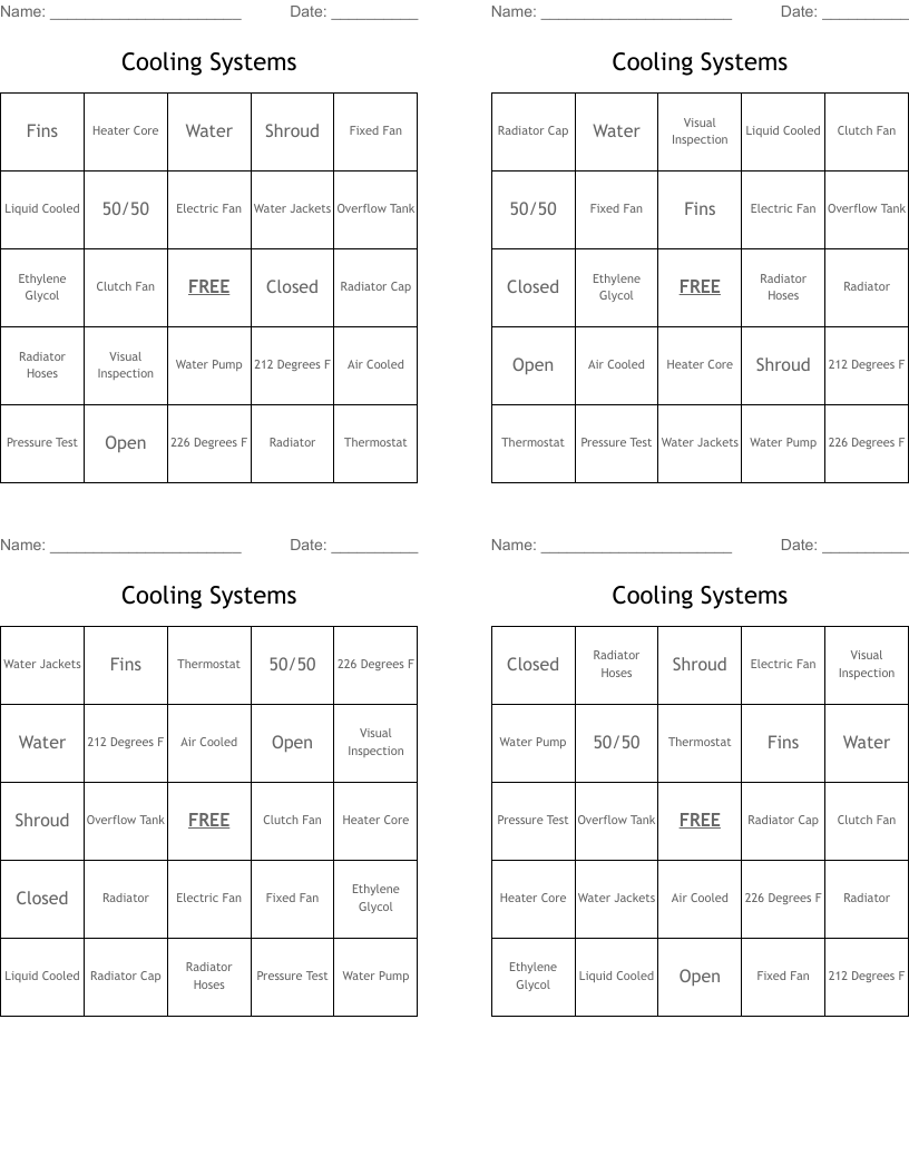 Cooling Systems Bingo Cards