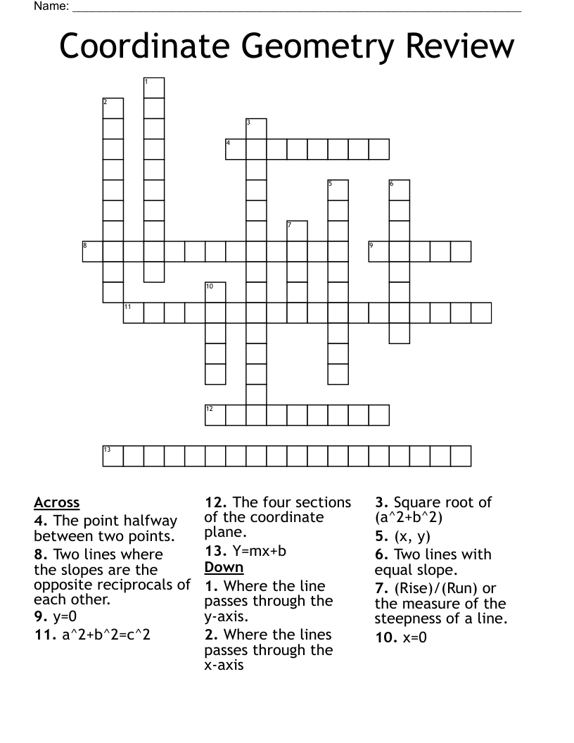 Coordinate Geometry Review Crossword