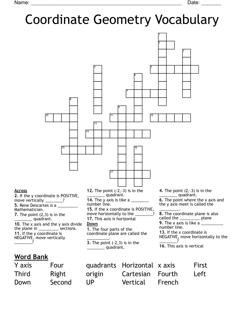 Coordinate Geometry Vocabulary Crossword