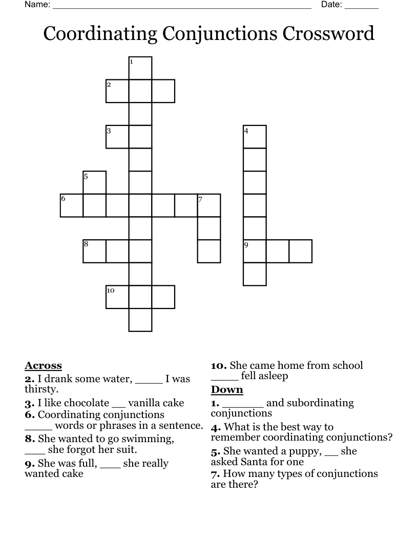 Coordinating Conjunctions Crossword