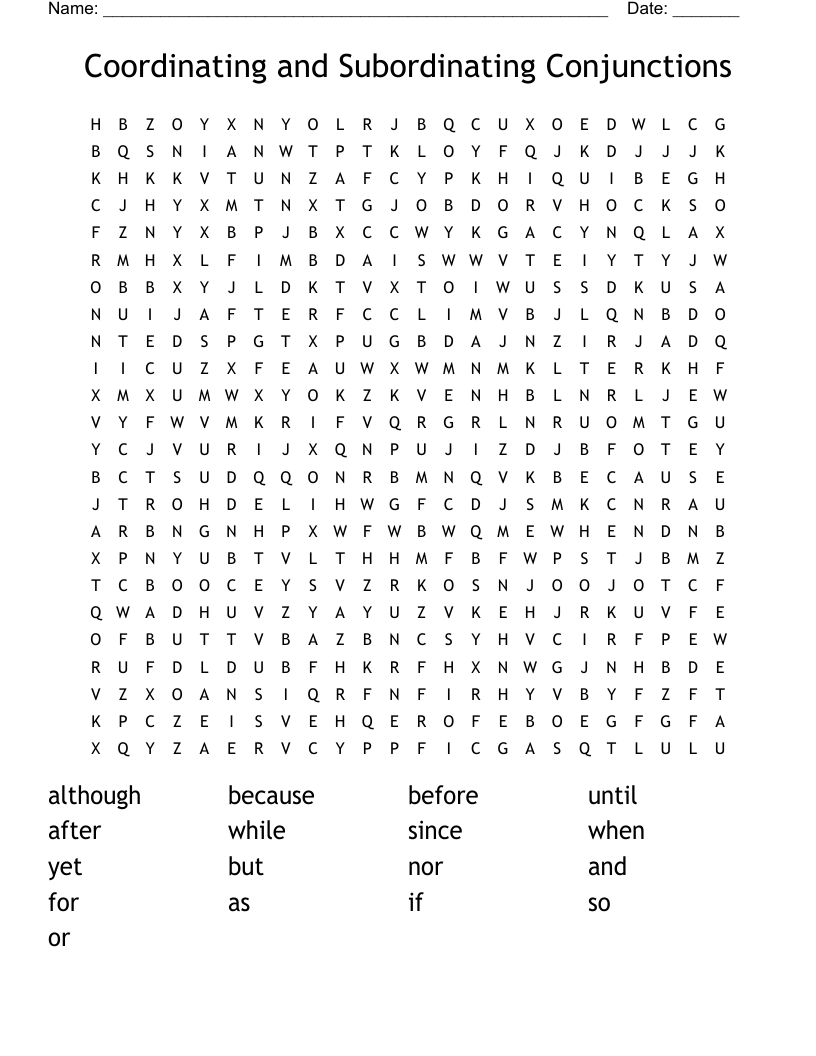 Coordinating and Subordinating Conjunctions Word Search