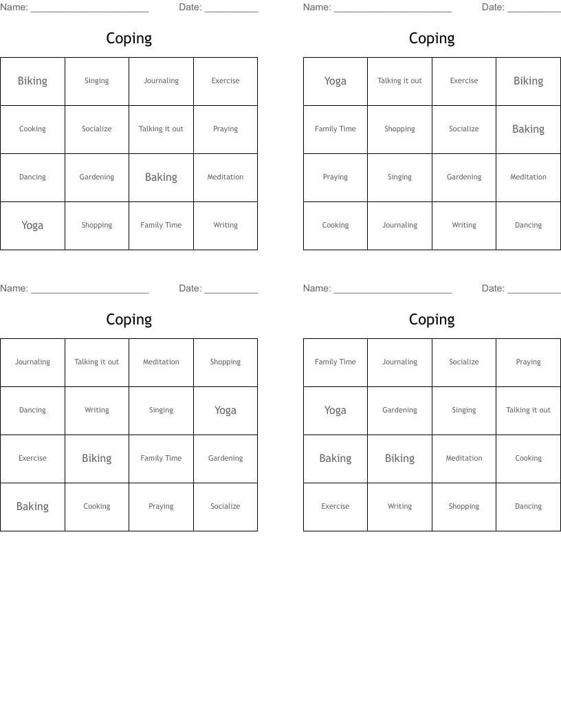 Coping Bingo Cards