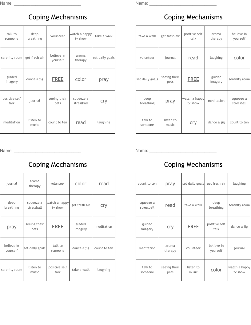 Coping Mechanisms  Bingo Cards