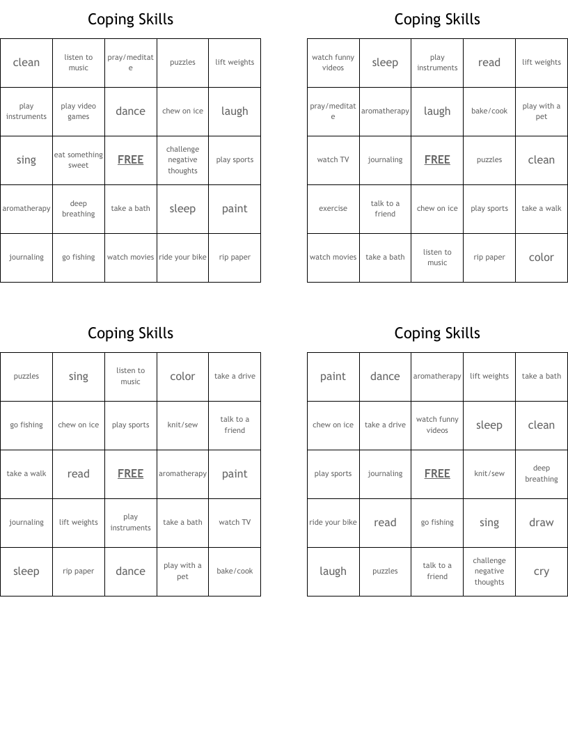 Coping Skills Bingo Cards