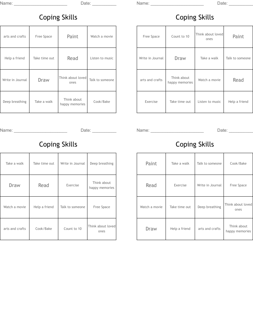 Coping Skills Bingo Cards