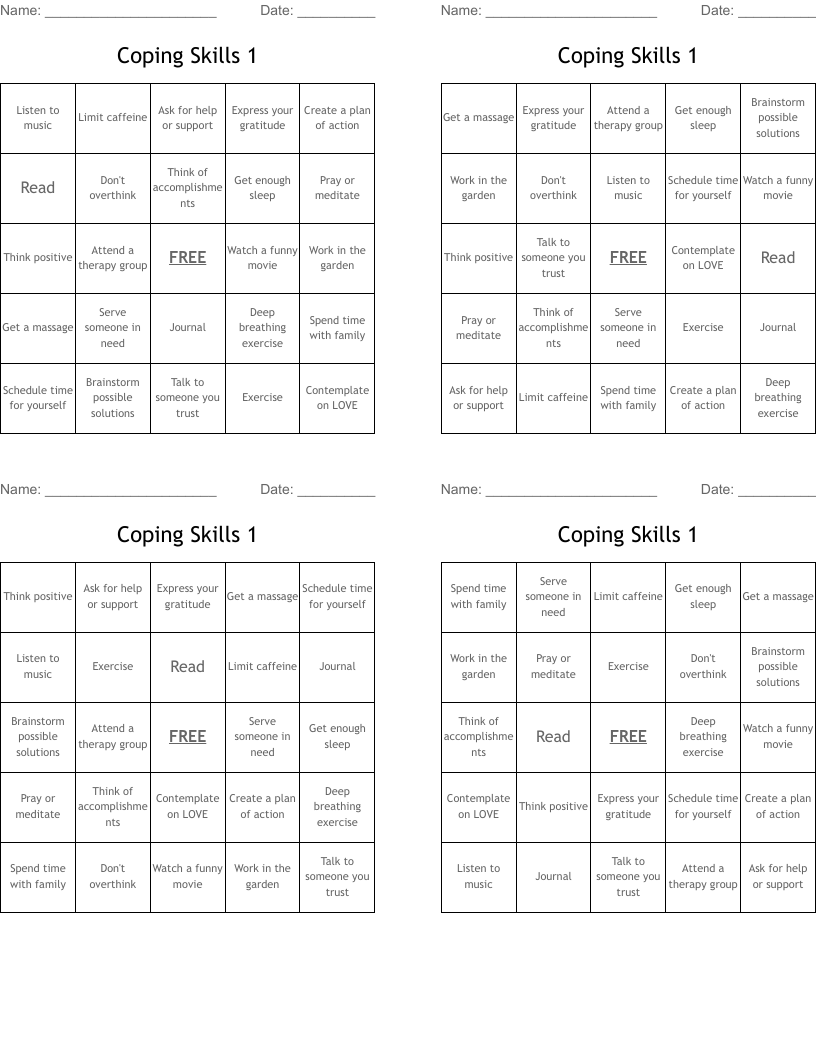 Coping Skills 1 Bingo Cards