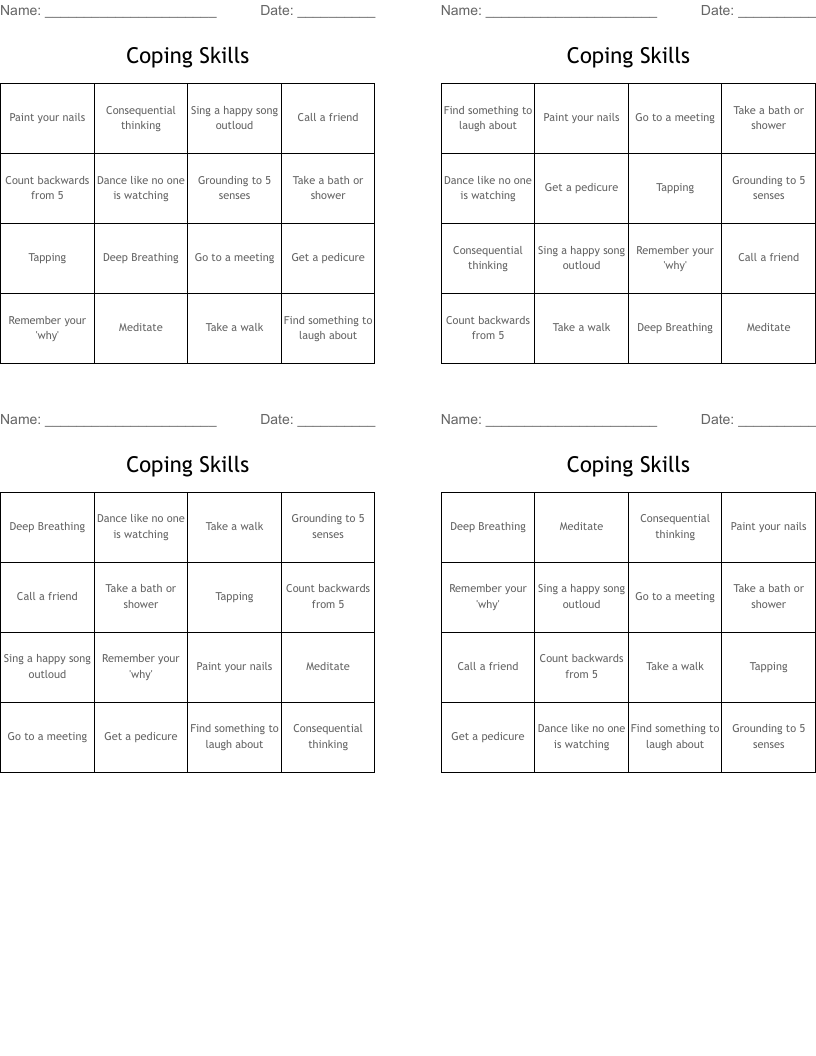 Coping Skills Bingo Cards